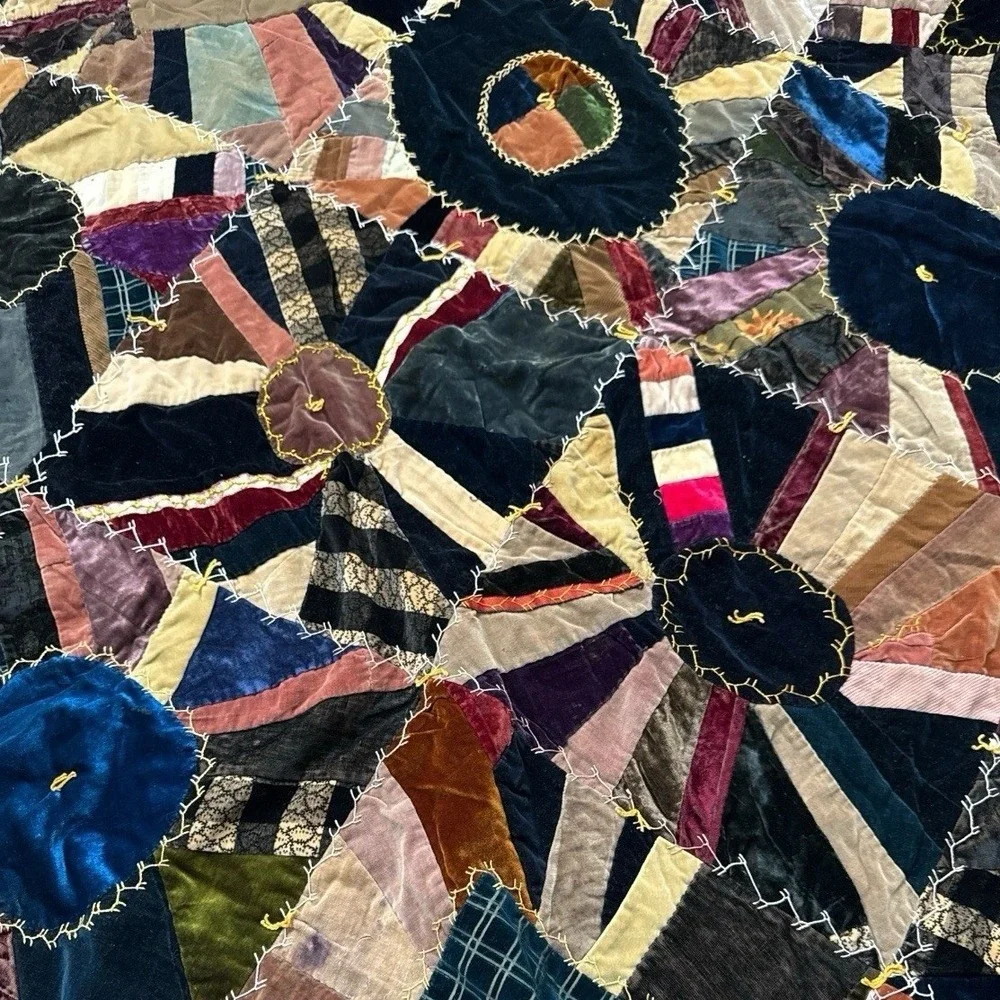 Antique Victorian Crazy Quilt Velvet Silk Hand Stitched‎ Painted 77x71 c1885